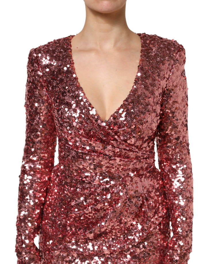 Dolce &amp; Gabbana Sample Sale Dolce &amp; Gabbana Pink Sequin Statement Nylon Midi V-Neck Dress - | Designer outlet