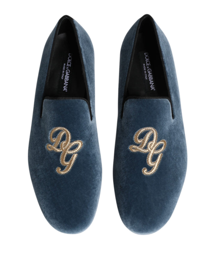 Dolce & Gabbana Blue Velvet DG Logo Loafers Formal Shoes by Dolce & Gabbana outlet now on sale