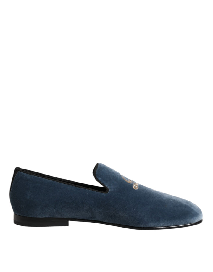 Dolce & Gabbana Blue Velvet DG Logo Loafers Formal Shoes by Dolce & Gabbana outlet now on sale