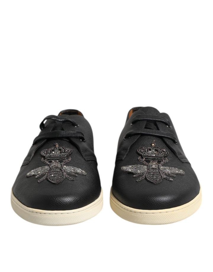 Dolce &amp; Gabbana Black Leather Bee Crown Low Top Sneakers Shoes by Dolce &amp; Gabbana outlet now on sale
