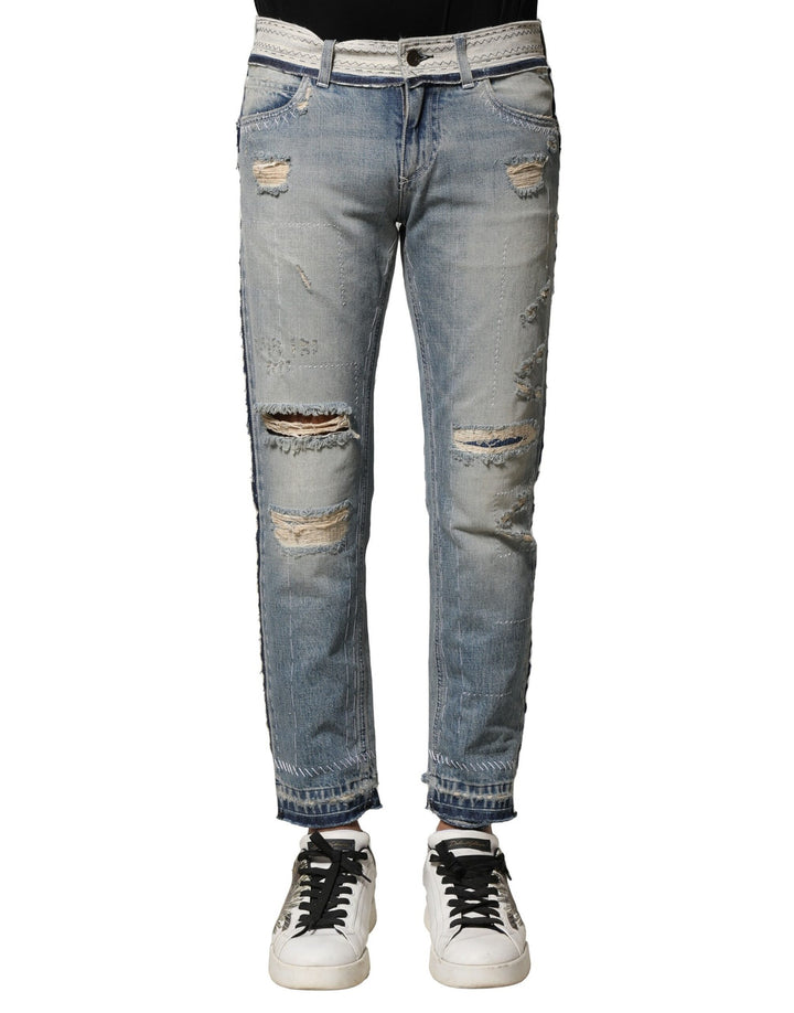 Dolce &amp; Gabbana Sample Sale Dolce &amp; Gabbana Light Blue Tattered Straight Men Denim Jeans - | Designer outlet