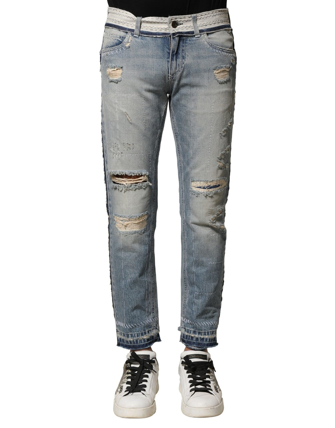 Dolce &amp; Gabbana Sample Sale Dolce &amp; Gabbana Light Blue Tattered Straight Men Denim Jeans - | Designer outlet