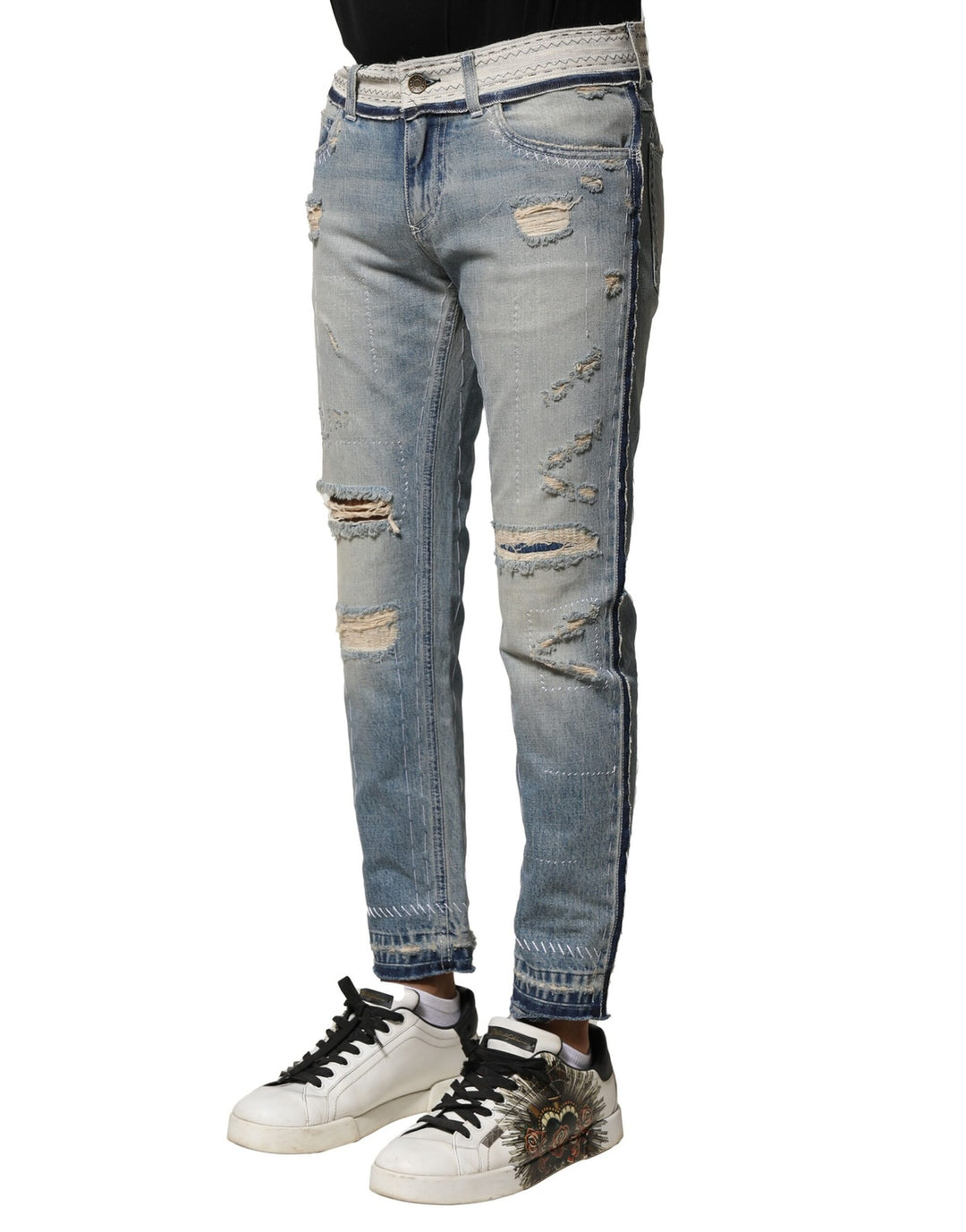 Dolce &amp; Gabbana Sample Sale Dolce &amp; Gabbana Light Blue Tattered Straight Men Denim Jeans - | Designer outlet