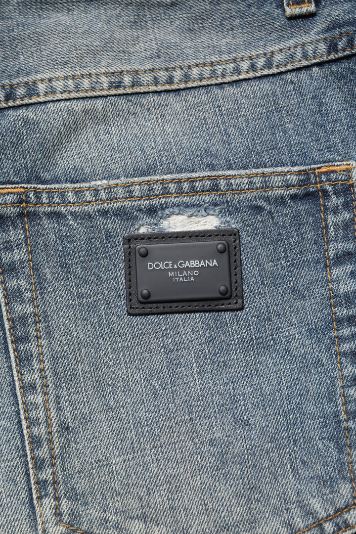 Dolce &amp; Gabbana Sample Sale Dolce &amp; Gabbana Blue Washed Tattered Straight Fit Denim Jeans - | Designer outlet