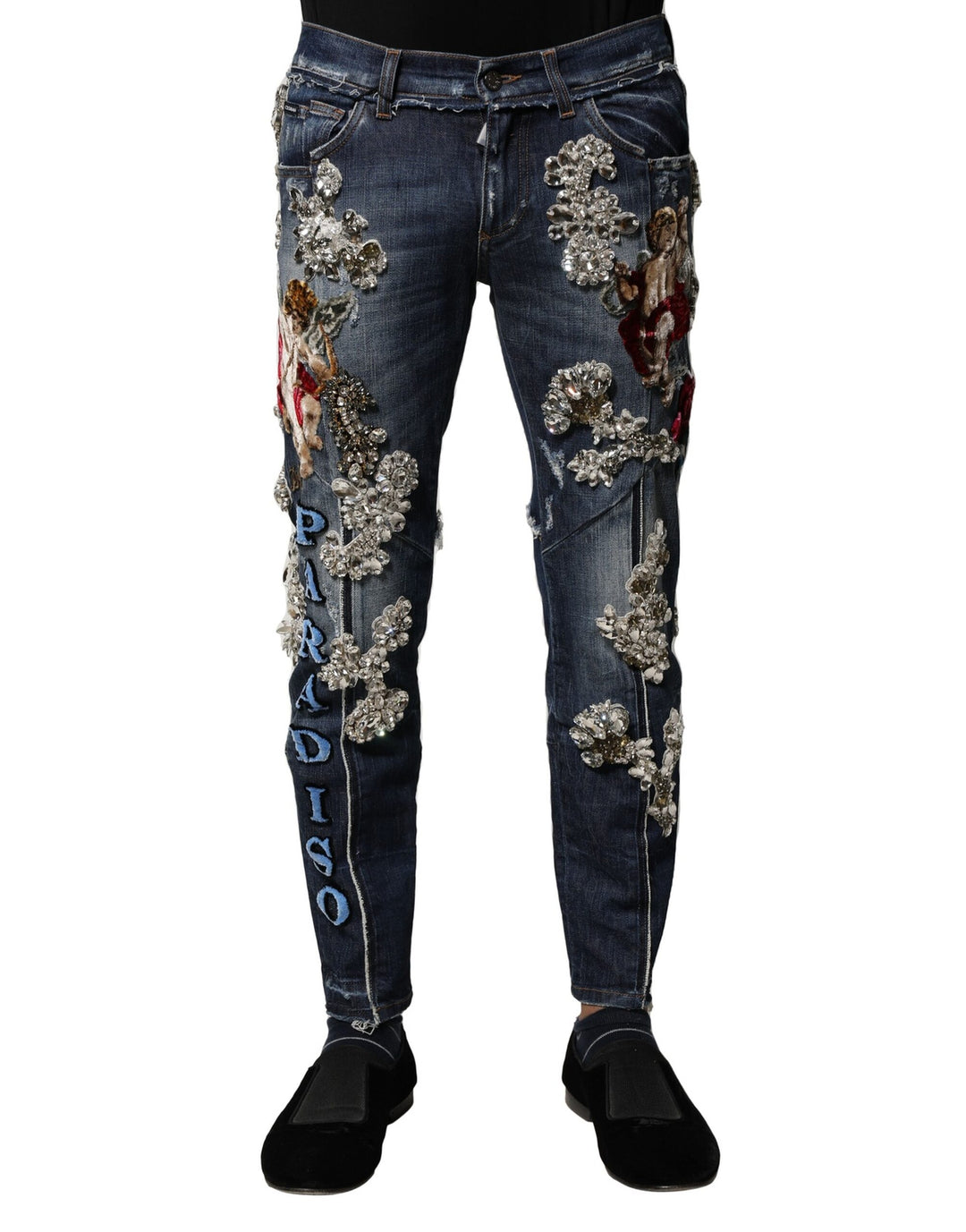 Dolce Gabbana Blue Cotton Rhinestone Embellish Denim Jeans