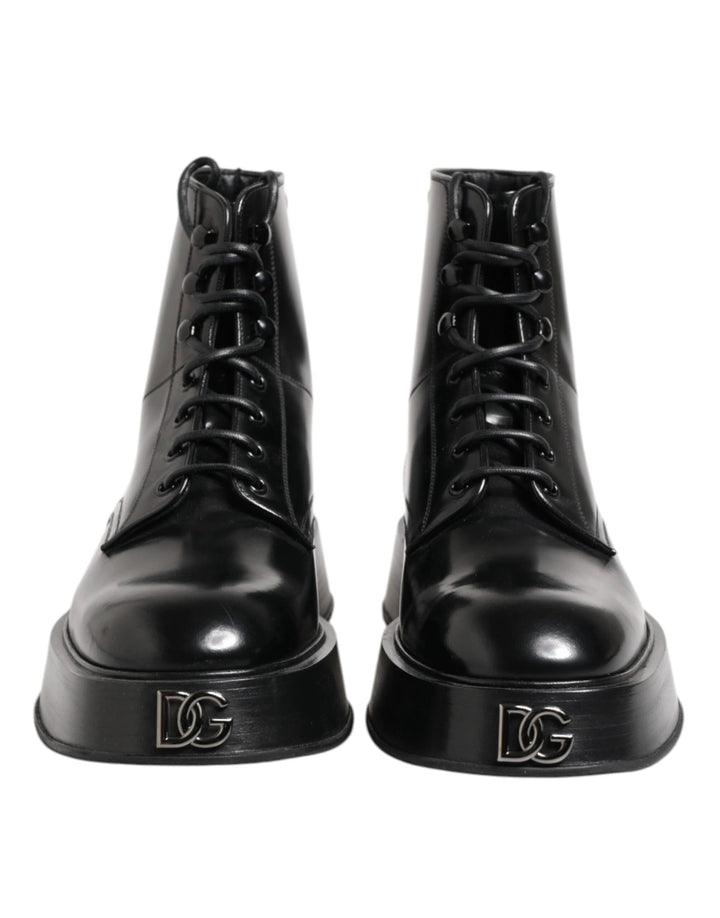 Dolce &amp; Gabbana Sample Sale Dolce &amp; Gabbana Black Leather Logo Ankle Boots Lace Up Shoes - | Designer outlet