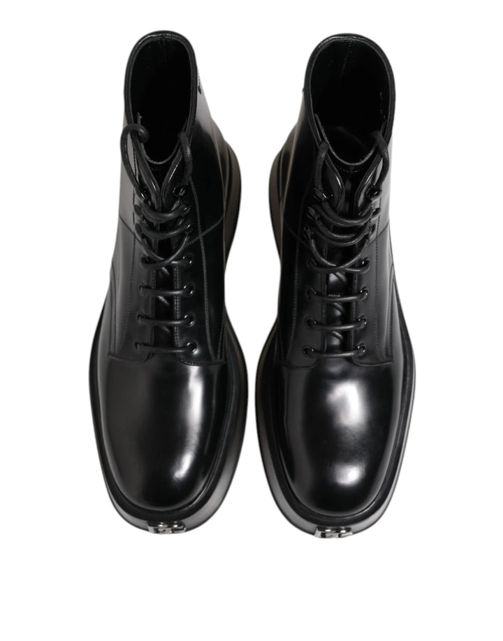 Dolce &amp; Gabbana Sample Sale Dolce &amp; Gabbana Black Leather Logo Ankle Boots Lace Up Shoes - | Designer outlet