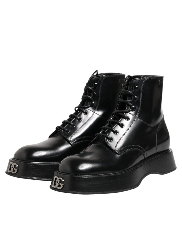 Dolce &amp; Gabbana Sample Sale Dolce &amp; Gabbana Black Leather Logo Ankle Boots Lace Up Shoes - | Designer outlet
