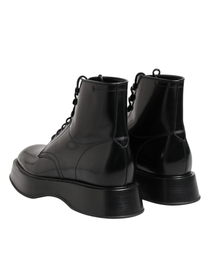 Dolce &amp; Gabbana Sample Sale Dolce &amp; Gabbana Black Leather Logo Ankle Boots Lace Up Shoes - | Designer outlet