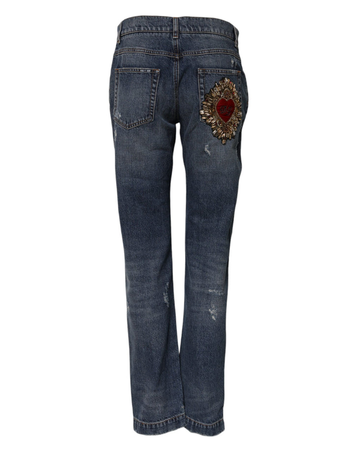 Dolce &amp; Gabbana Sample Sale Dolce &amp; Gabbana Blue Cotton Tattered Boyfriend Denim Jeans - | Designer outlet