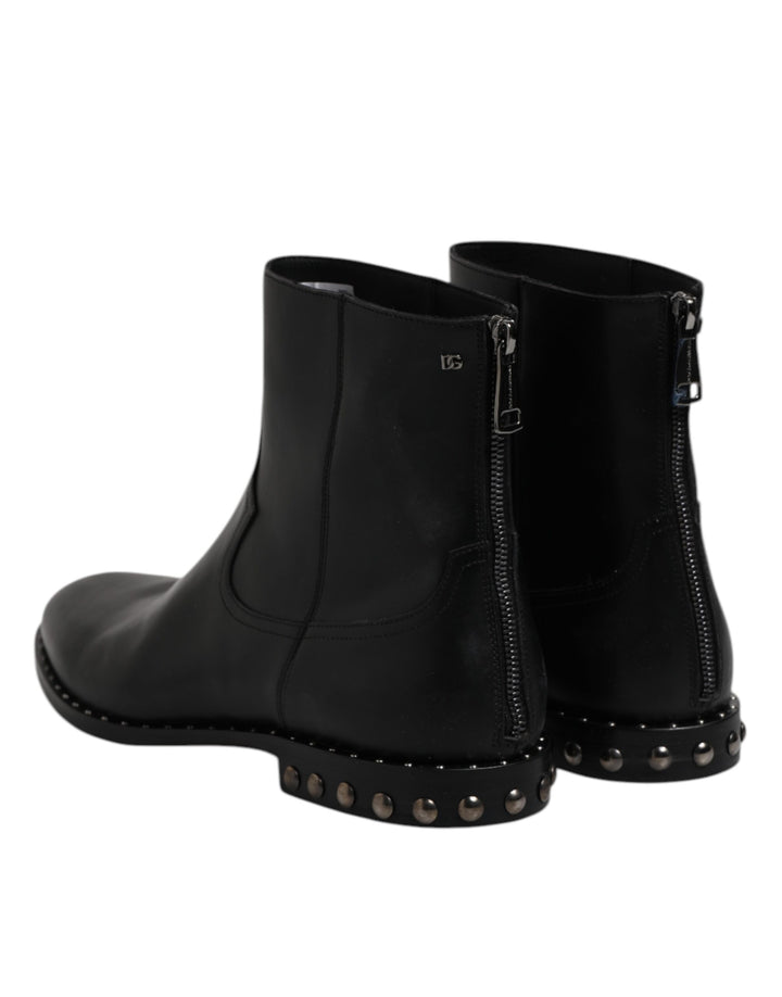 Dolce &amp; Gabbana Sample Sale Dolce &amp; Gabbana Black Leather Logo Ankle Boots Studded Shoes - | Designer outlet