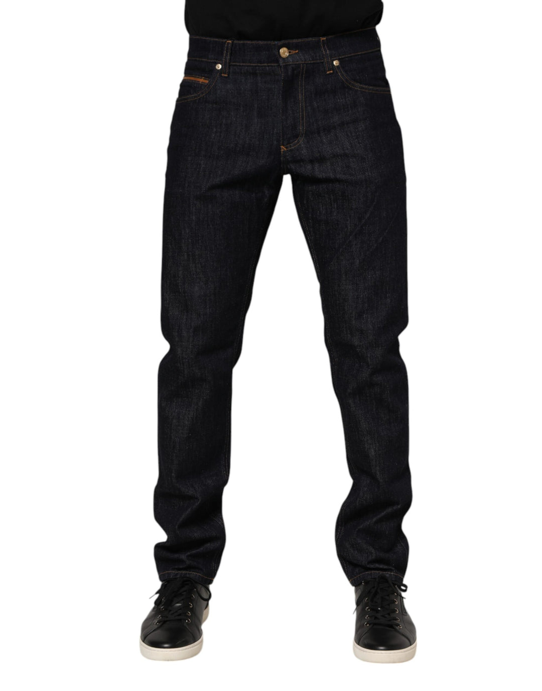 Dolce &amp; Gabbana Sample Sale Dolce &amp; Gabbana Dark Blue Cotton Logo Plaque Men Denim Jeans - | Designer outlet