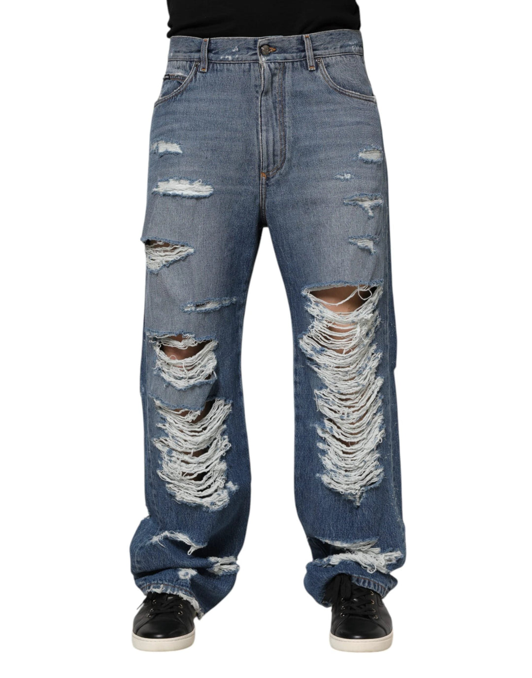 Dolce & Gabbana Sample Sale Dolce & Gabbana Blue Tattered Cotton Logo Plaque Denim Jeans - | Designer outlet