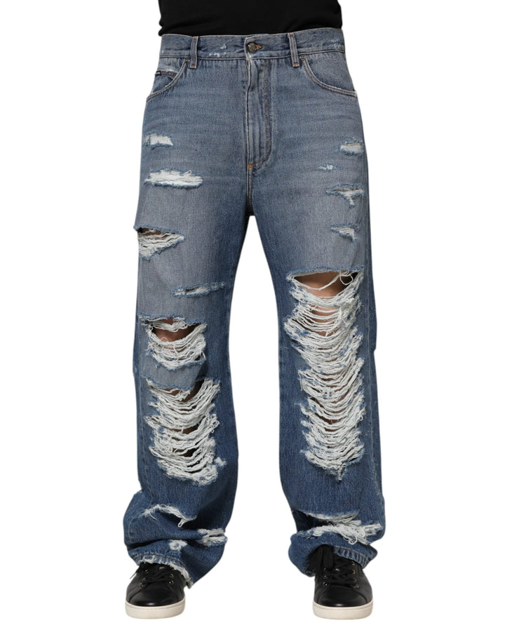 Dolce & Gabbana Sample Sale Dolce & Gabbana Blue Tattered Cotton Logo Plaque Denim Jeans - | Designer outlet