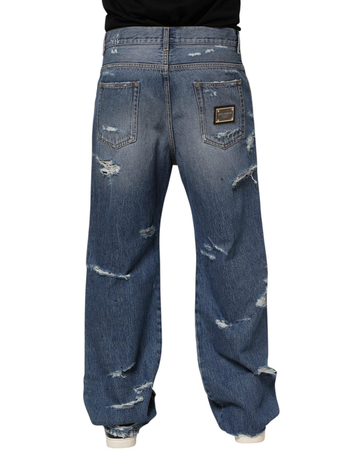 Dolce & Gabbana Sample Sale Dolce & Gabbana Blue Tattered Cotton Logo Plaque Denim Jeans - | Designer outlet