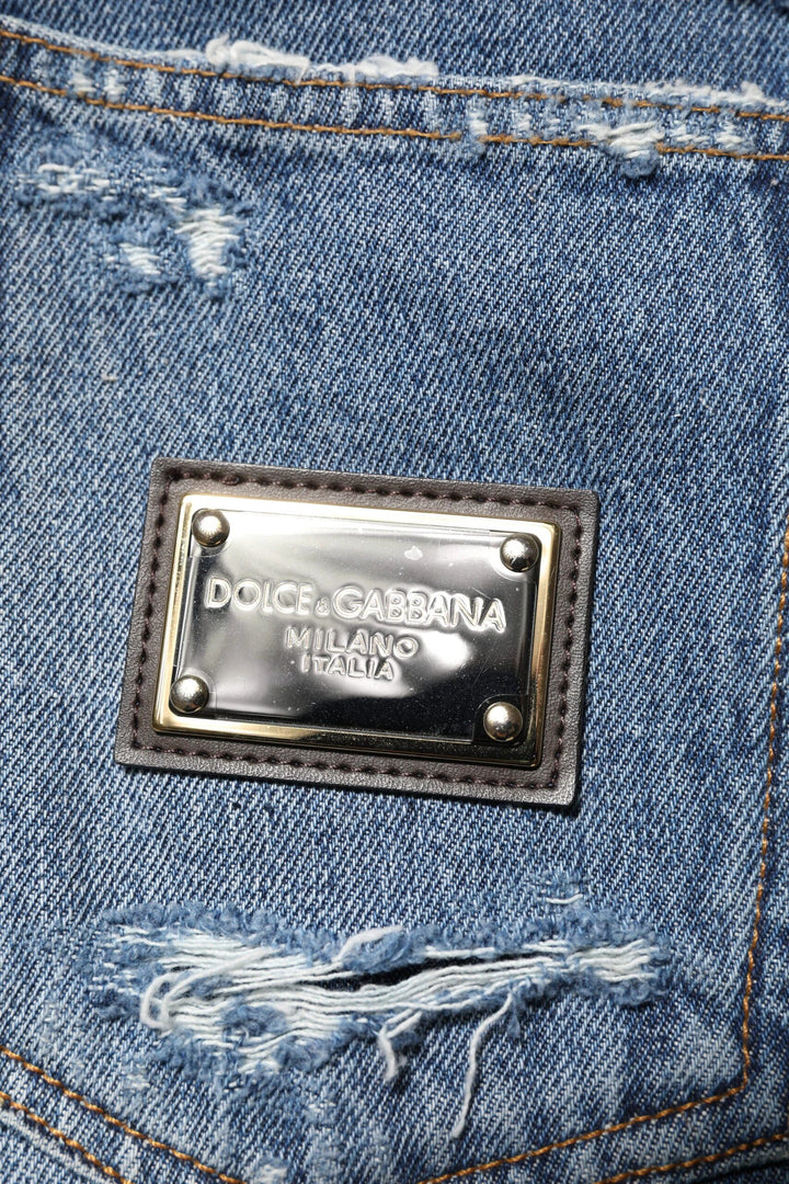 Dolce & Gabbana Sample Sale Dolce & Gabbana Blue Tattered Cotton Logo Plaque Denim Jeans - | Designer outlet