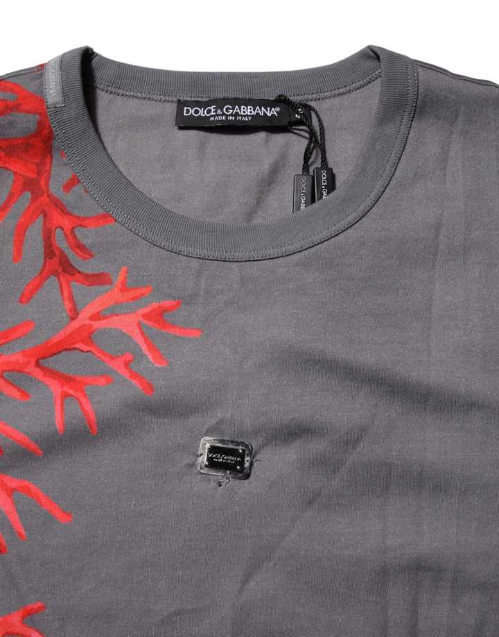 Dolce & Gabbana Gray Cotton Coral Print Logo Plaque T-shirt