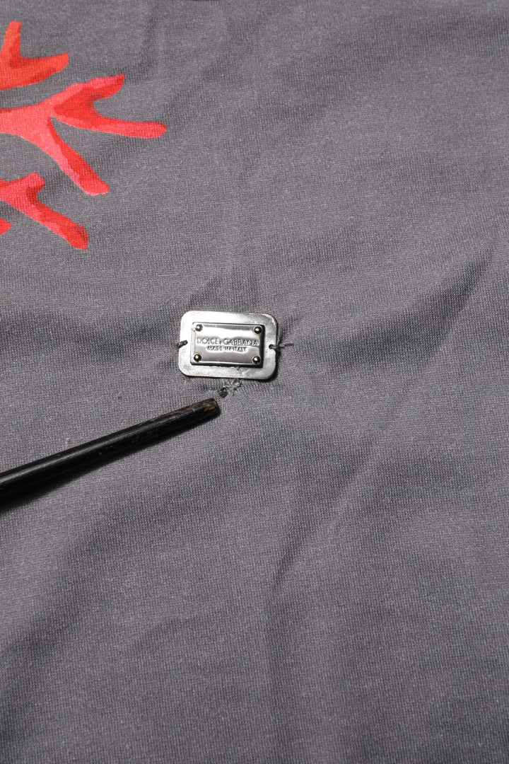 Dolce & Gabbana Gray Cotton Coral Print Logo Plaque T-shirt