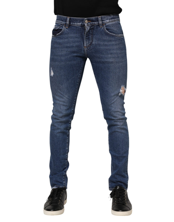 Dolce &amp; Gabbana Sample Sale Dolce &amp; Gabbana Blue Washed Skinny Cotton Tattered Denim Jeans - | Designer outlet