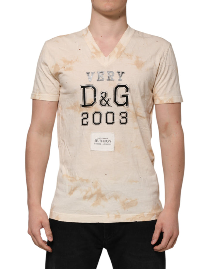 Dolce &amp; Gabbana Beige Logo Print Short Sleeve V-neck T-shirt by Dolce &amp; Gabbana outlet now on sale