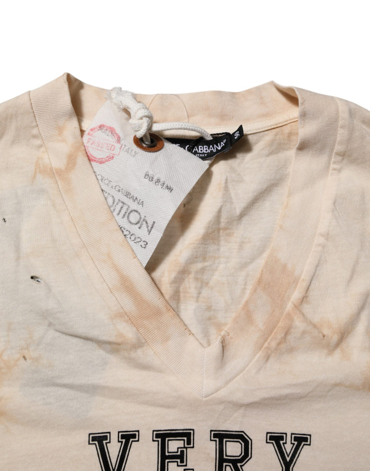 Dolce &amp; Gabbana Beige Logo Print Short Sleeve V-neck T-shirt by Dolce &amp; Gabbana outlet now on sale