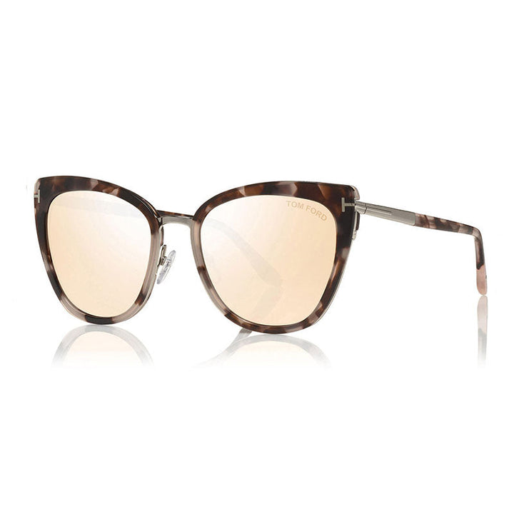 Tom Ford Square Full Rim, with a Colored Havana/Palladium frame and Champagne with Silver Mirror lens.