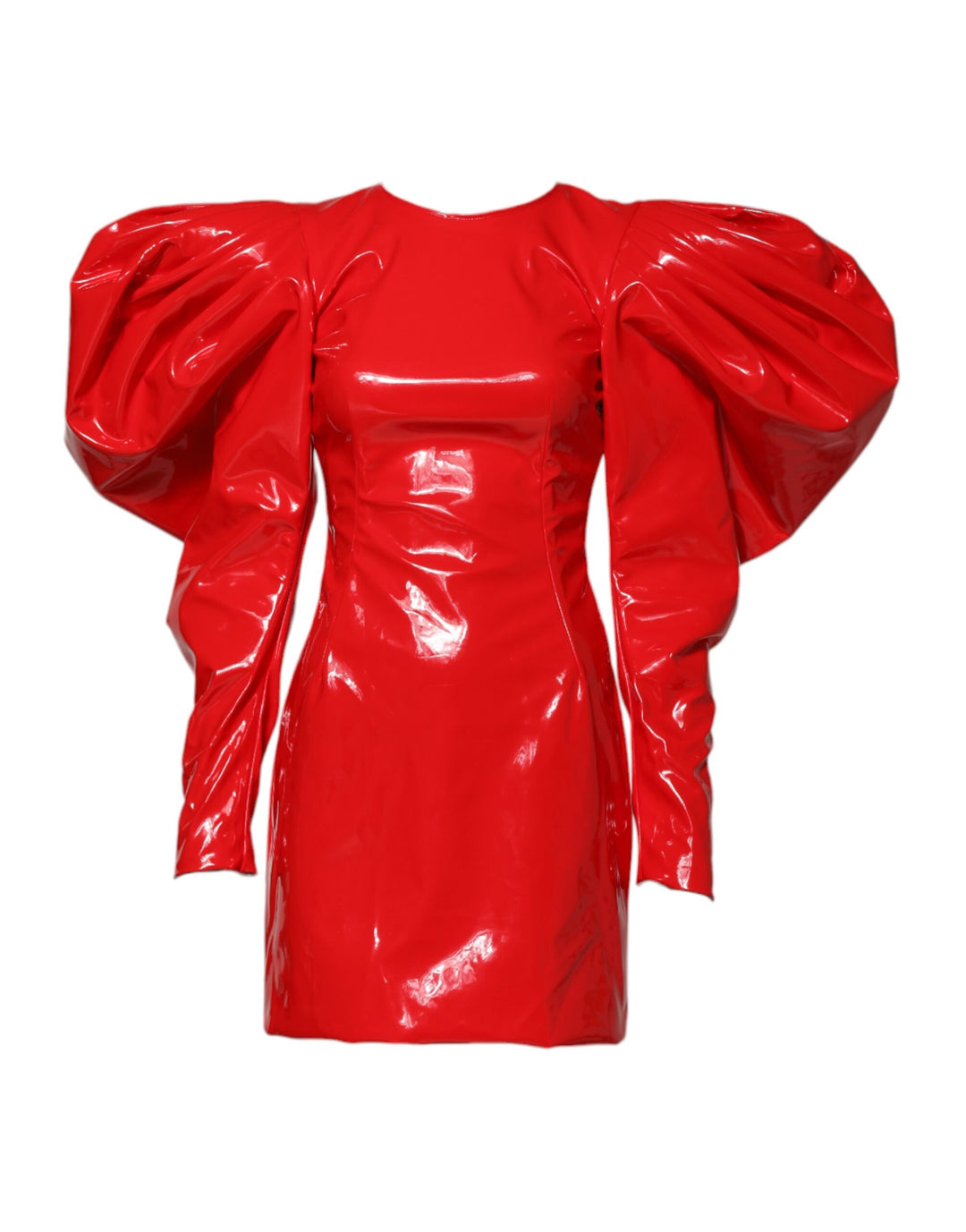 Dolce and Gabbana Red Patent Leather Puff Sleeves Mini Dress | Designer Fashion Outlet