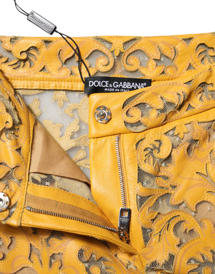 Dolce & Gabbana Yellow Floral Lace Mid Waist Capri Pants by Dolce & Gabbana outlet now on sale