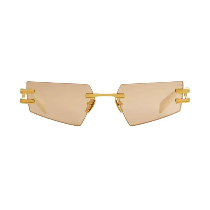 Balmain Sunglasses Rectangle Rimless, White Gold/matte White Gold/bone Frame And Brown Rose Gold Mirror Ar Lens Bps-123D