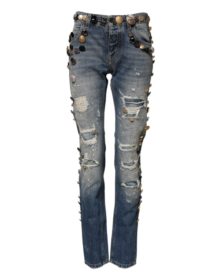 Dolce &amp; Gabbana Blue Embellished Tattered SkinnyDenim Jeans by Dolce &amp; Gabbana outlet now on sale