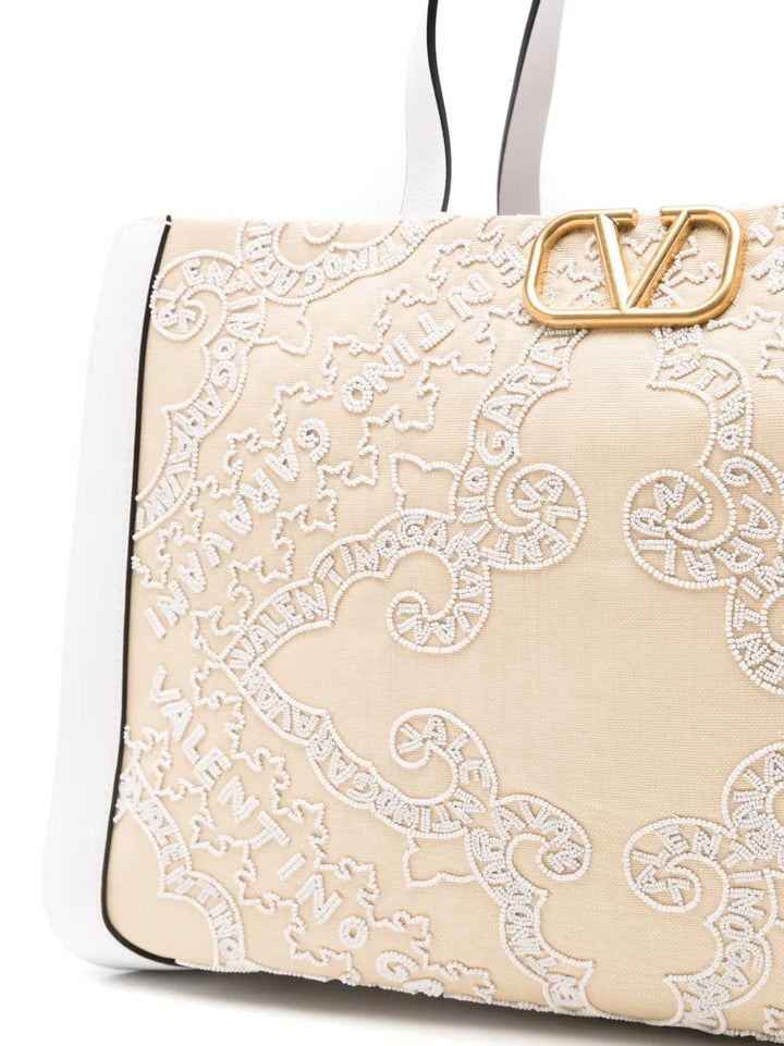 Valentino Vlogo Embroidered Raffia Tote Bag