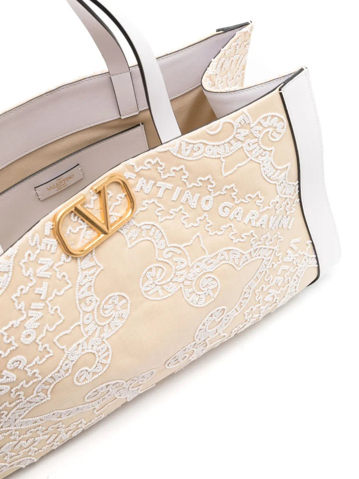 Valentino Vlogo Embroidered Raffia Tote Bag