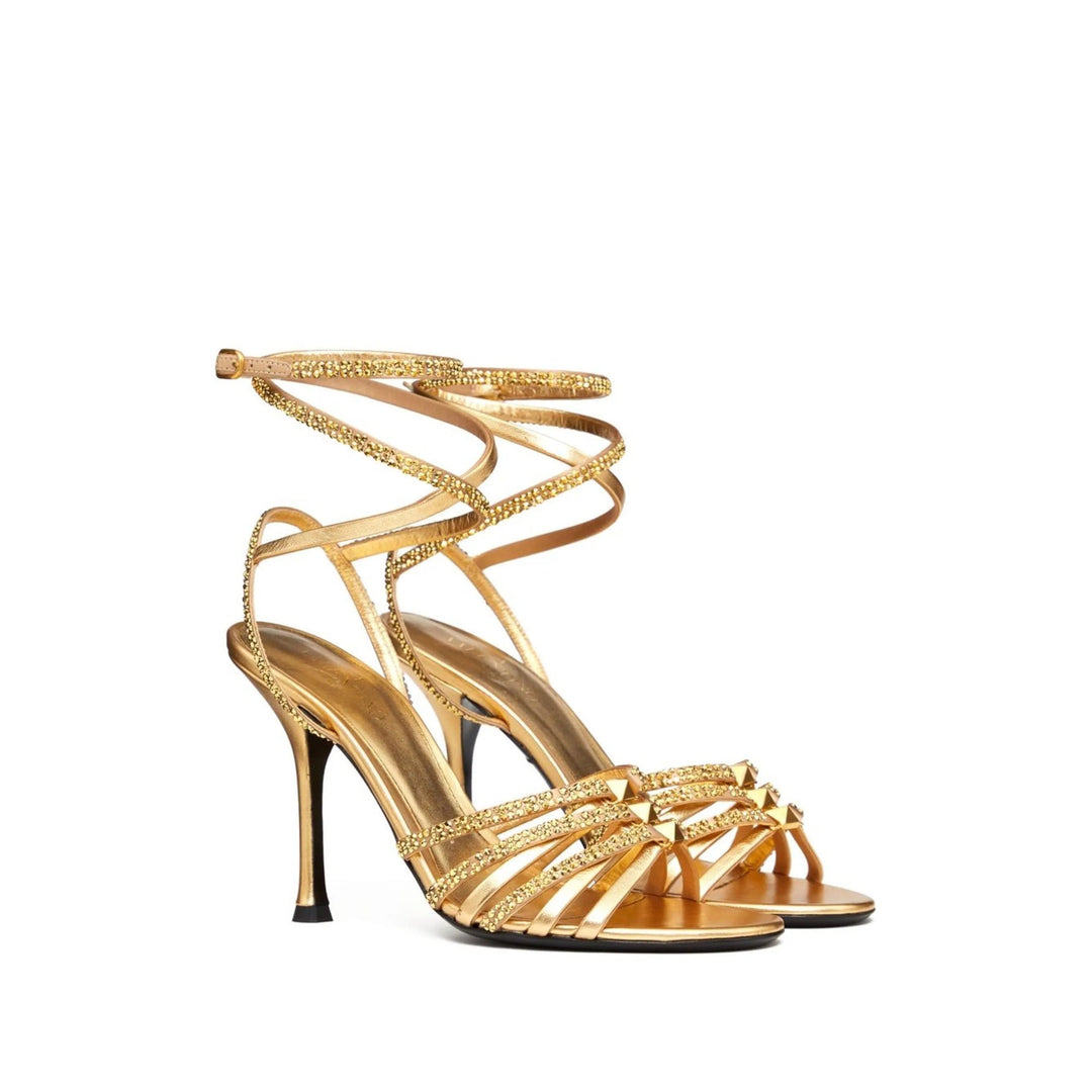 Valentino Garavani Rockstud Strappy Gold Heeled Sandals in Nappa Leather