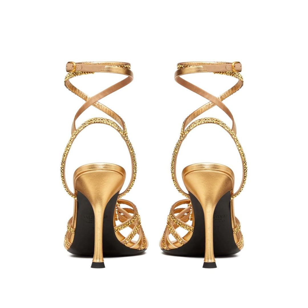 Valentino Garavani Rockstud Strappy Gold Heeled Sandals in Nappa Leather