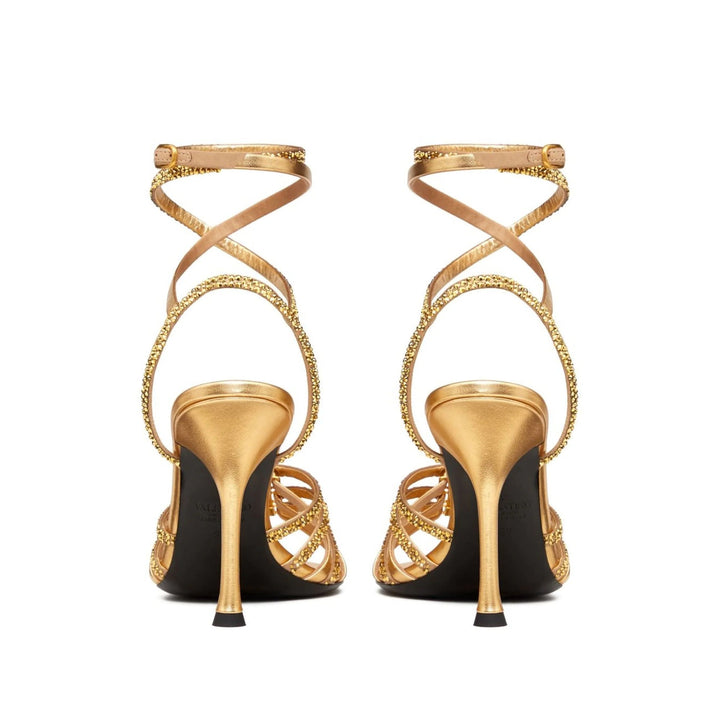 Valentino Garavani Rockstud Strappy Gold Heeled Sandals in Nappa Leather