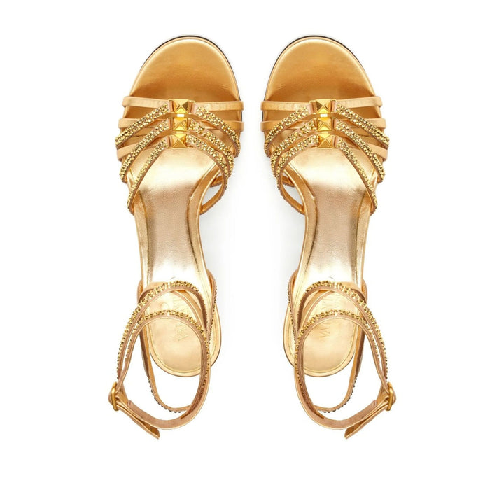 Valentino Garavani Rockstud Strappy Gold Heeled Sandals in Nappa Leather