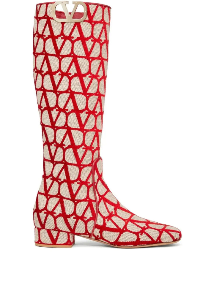 Valentino Garavani Toile Iconographe Calfskin V'Logo High Knee High Boots