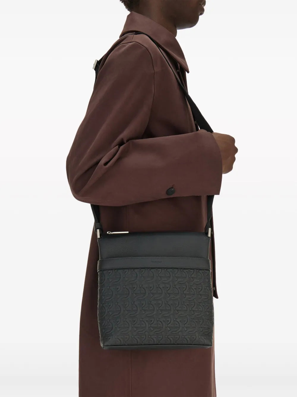 Ferragamo Gancini-Embossed Leather Messenger Bag
