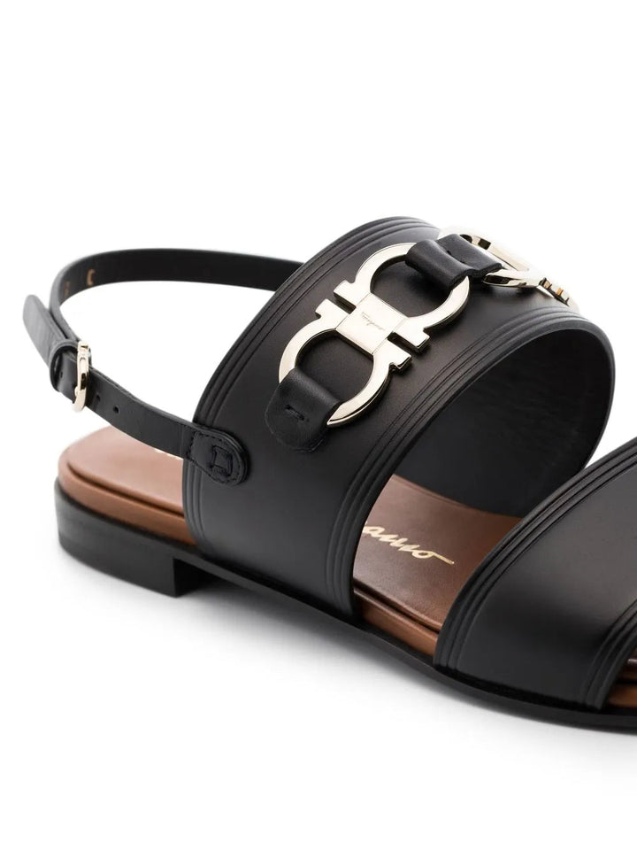 Ferragamo Gancini-Plaque Leather Sandals in BLACK