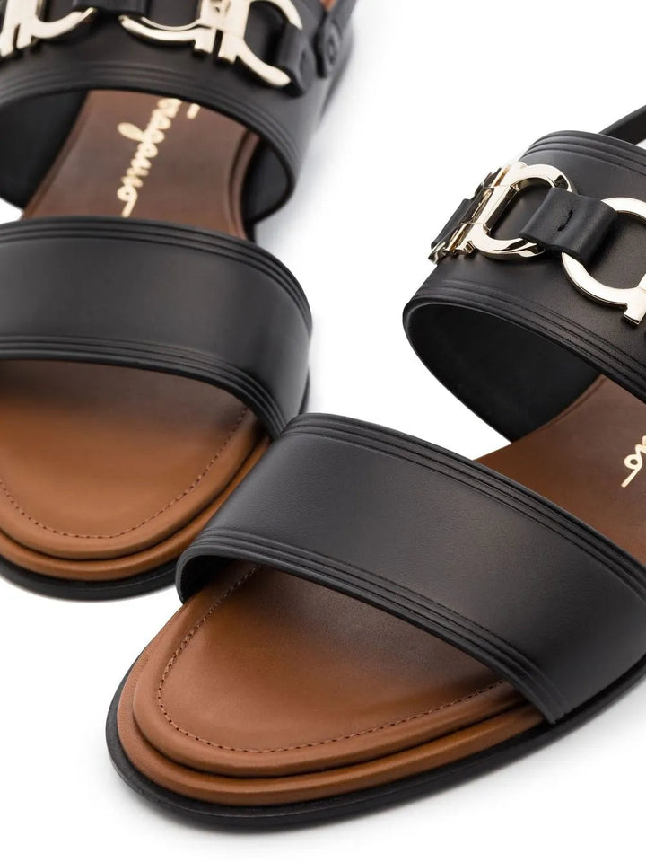 Ferragamo Gancini-Plaque Leather Sandals in BLACK
