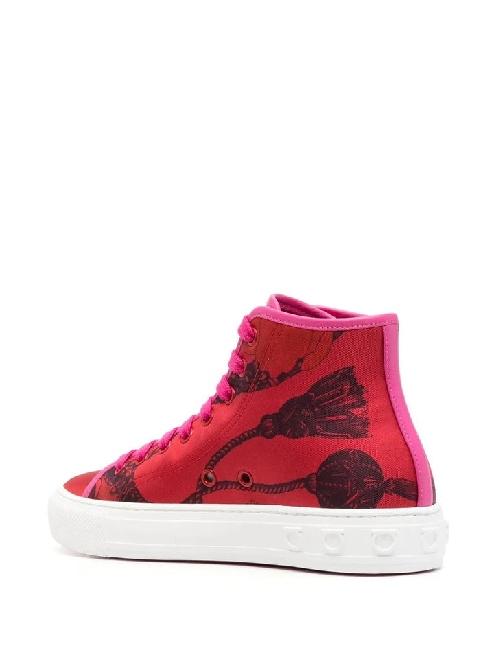 Ferragamo Scarf-Print High-Top Trainers in RED