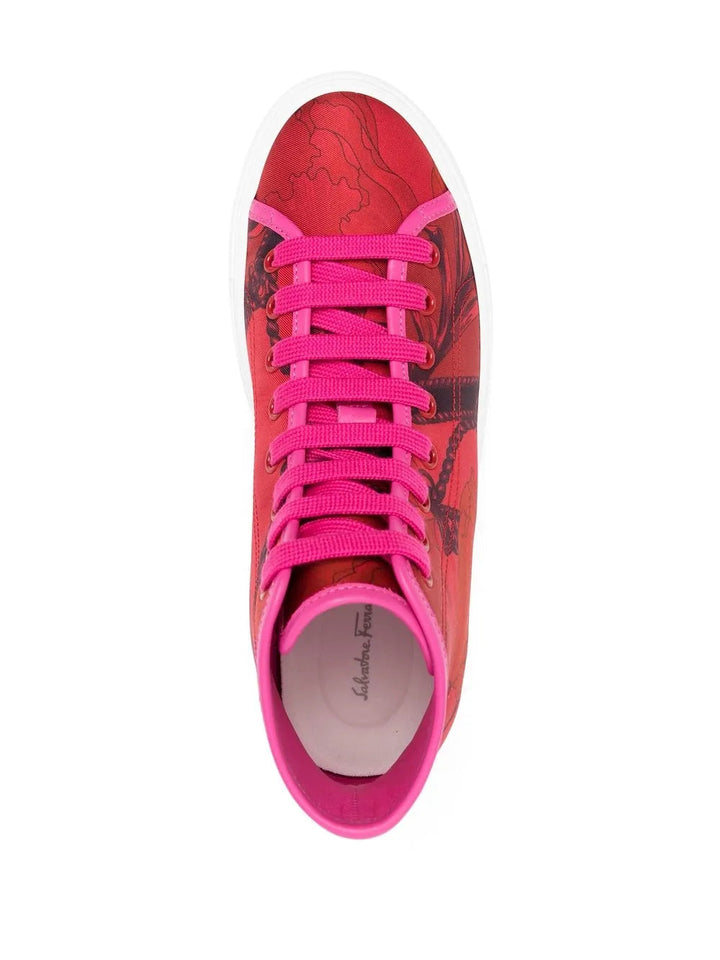Ferragamo Scarf-Print High-Top Trainers in RED