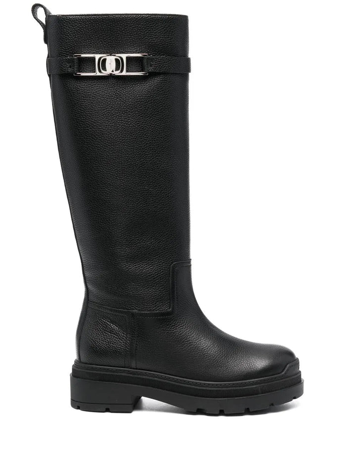 Ferragamo Vara Chain Knee-High Boots in BLACK