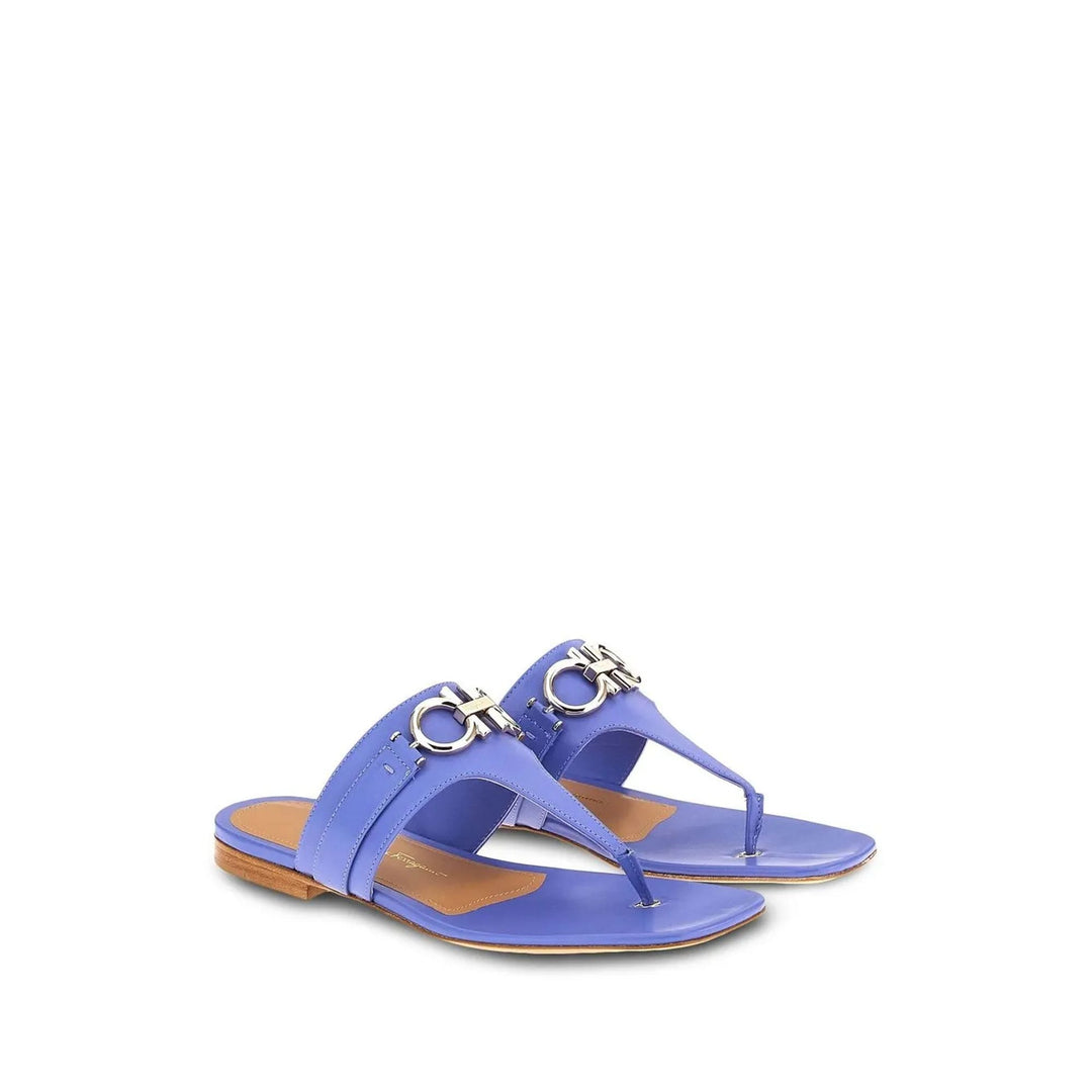 Ferragamo Gancini Leather Flat Sandals in BLUE