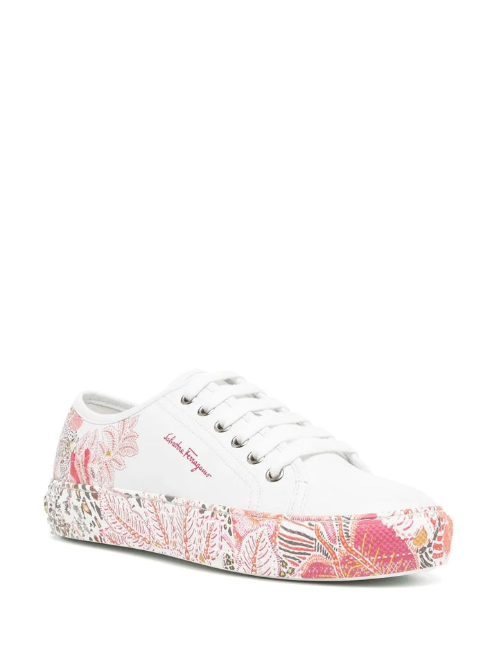 Ferragamo Floral-Print Lace-Up Sneakers in WHITE
