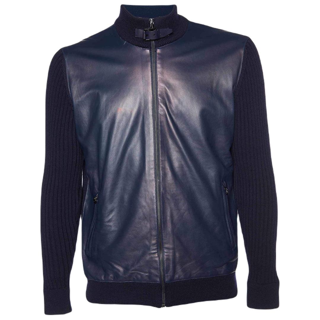 Ferragamo Leather &amp; Wool Knit Zip Front Jacket Navy by Salvatore Ferragamo outlet now on sale