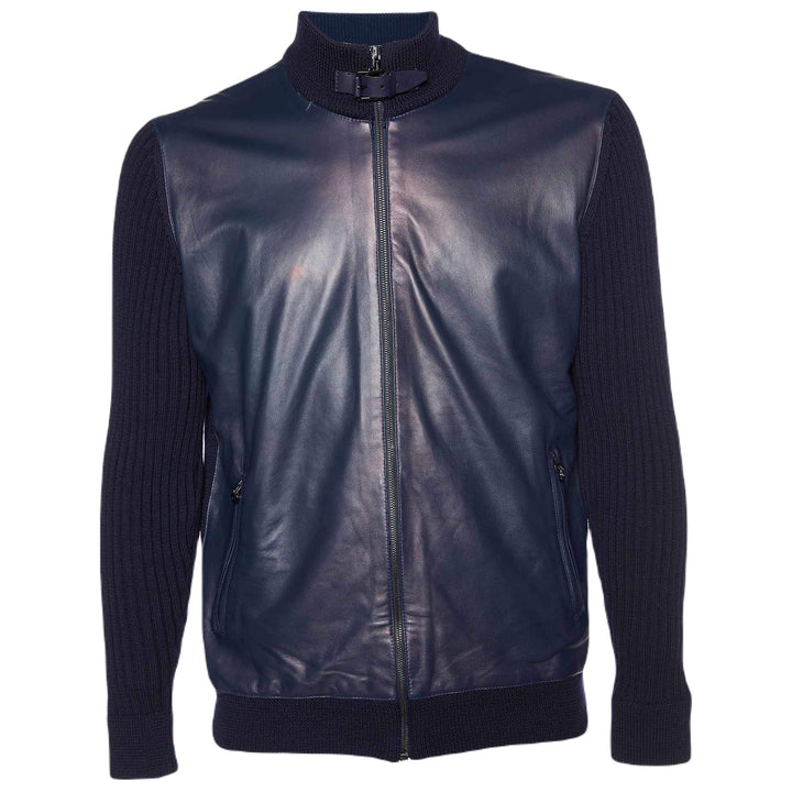 Ferragamo Leather &amp; Wool Knit Zip Front Jacket Navy by Salvatore Ferragamo outlet now on sale