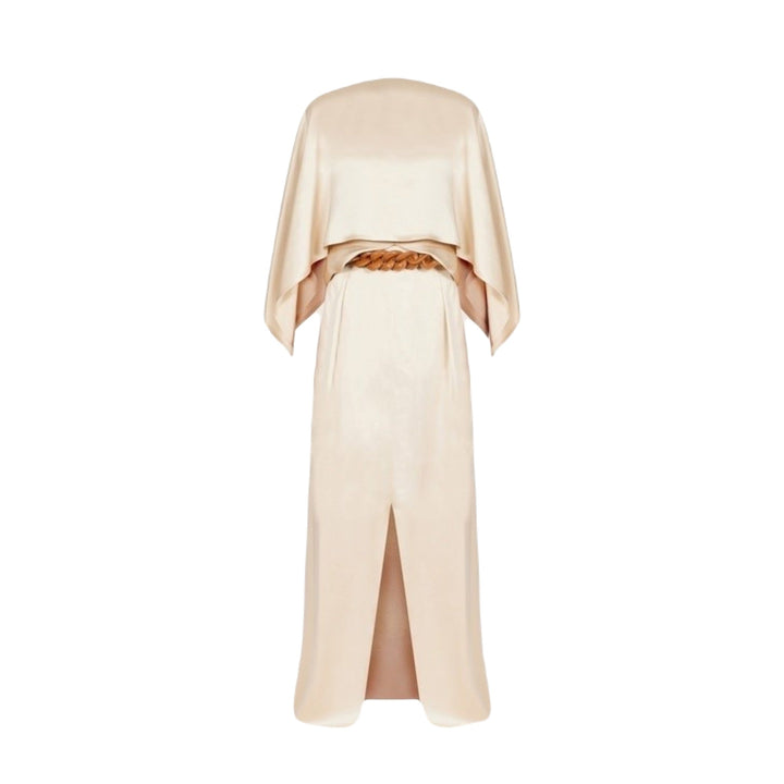 Ferragamo Silk Blend Satin Long Dress with Cape Cream