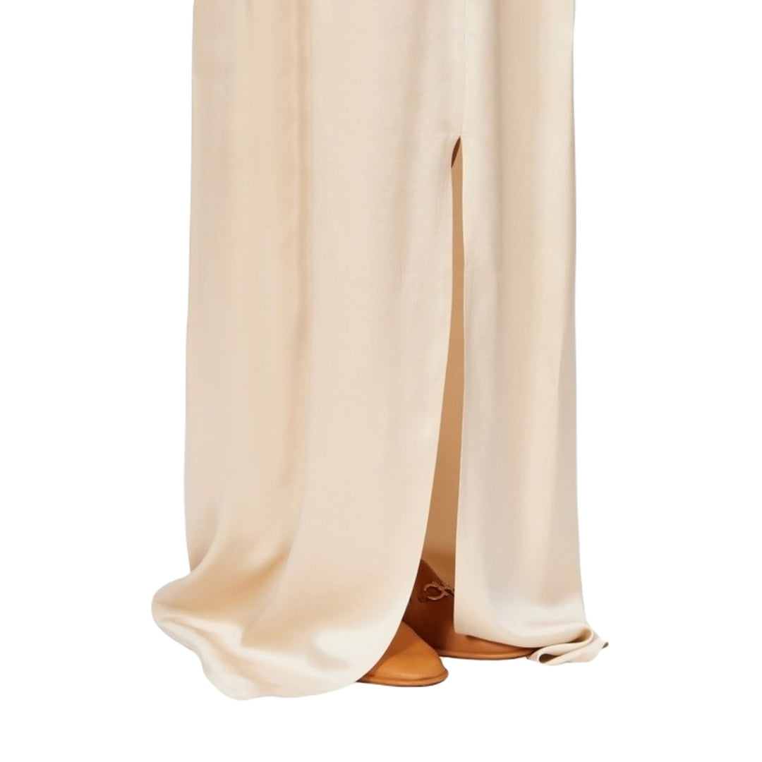 Ferragamo Silk Blend Satin Long Dress with Cape Cream