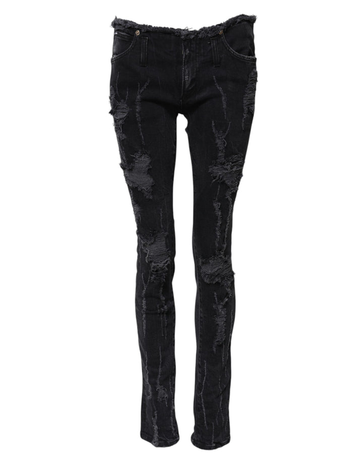 Dolce &amp; Gabbana Black Cotton Tattered Skinny Denim Jeans by Dolce &amp; Gabbana outlet now on sale